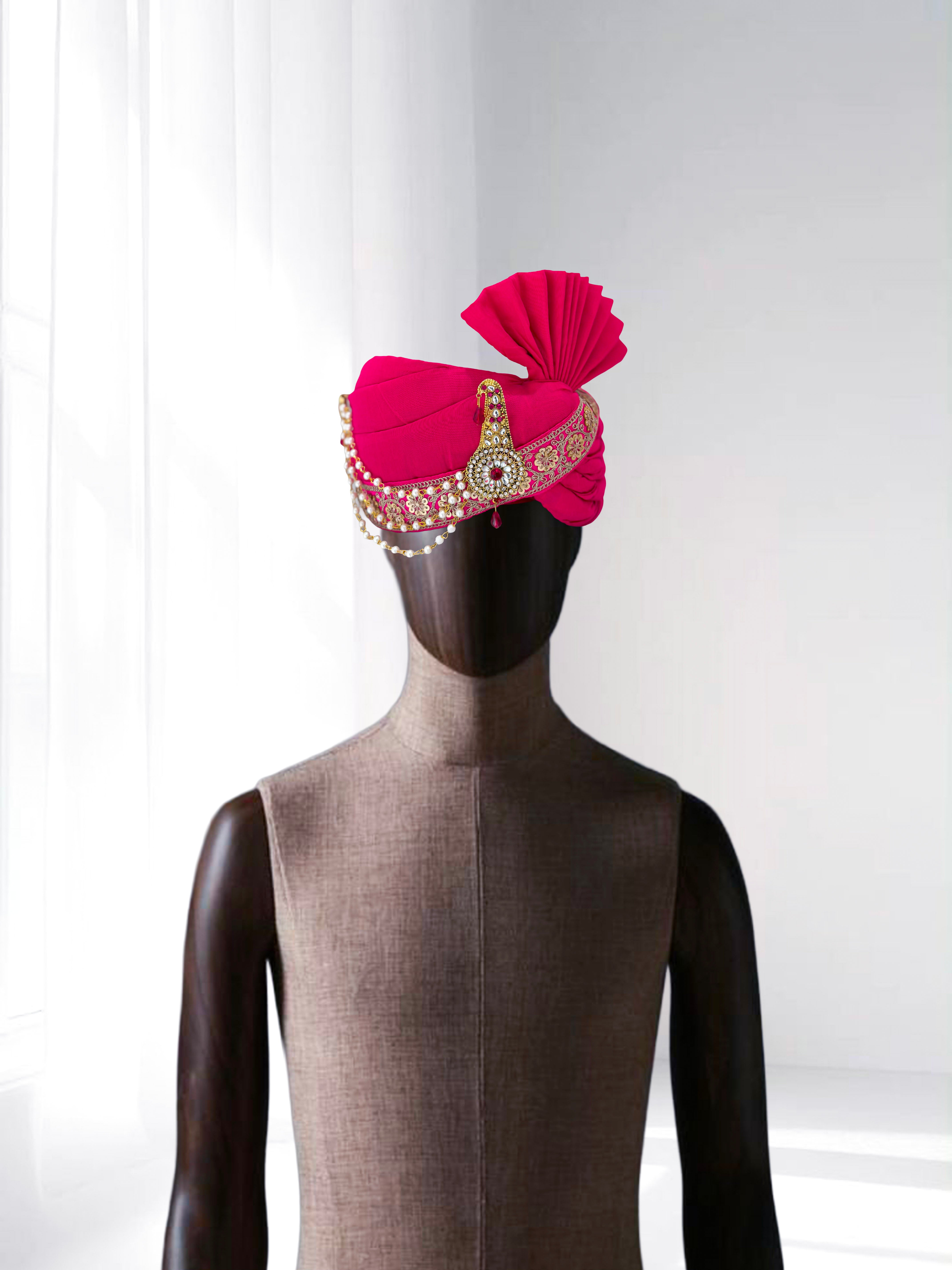 Pink groom safa turban with pearls and stone brooch embellishment, bridal wedding wear.