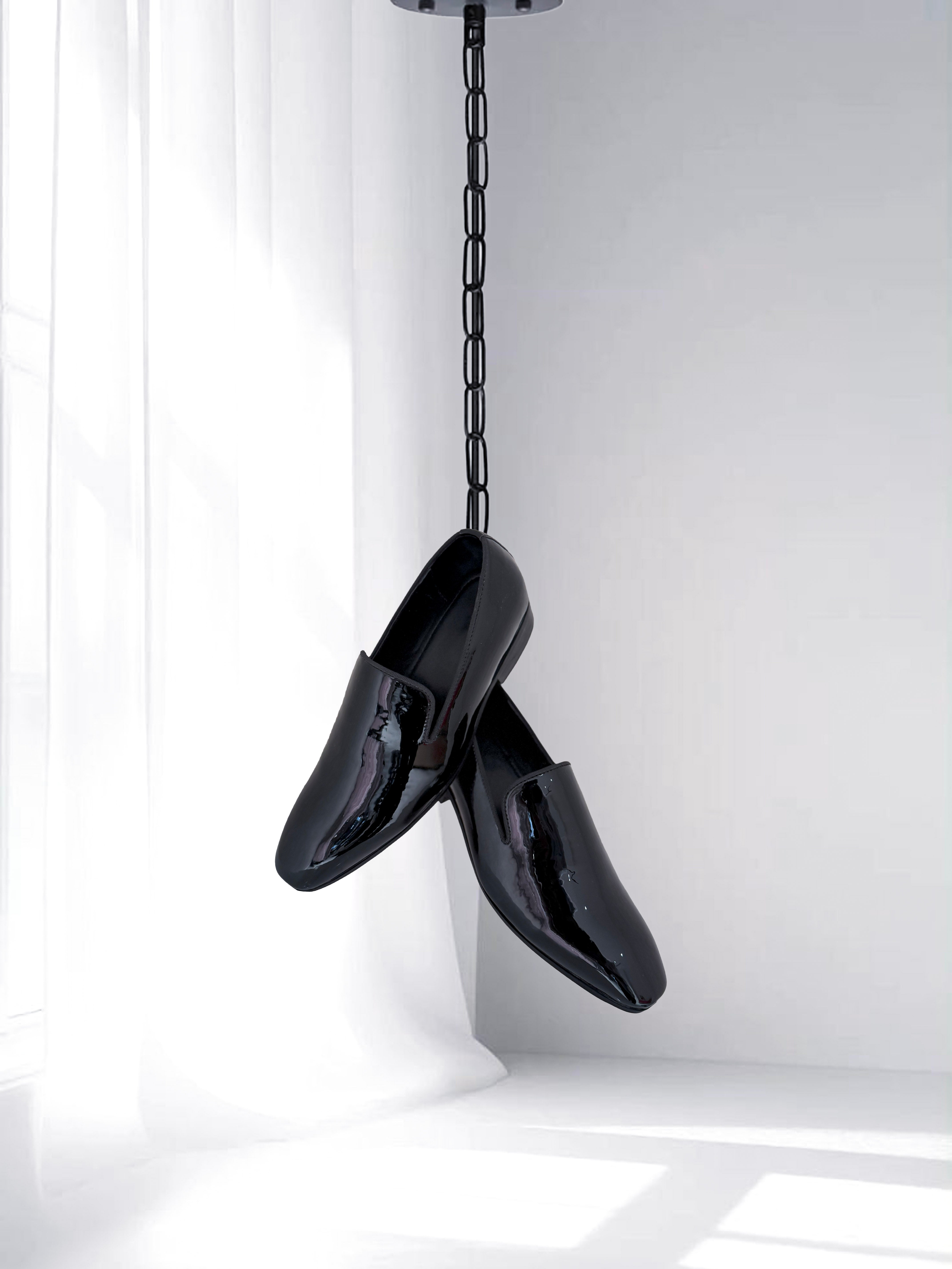 Men’s black patent slip-on loafers – polished formal dress shoes for tuxedos.