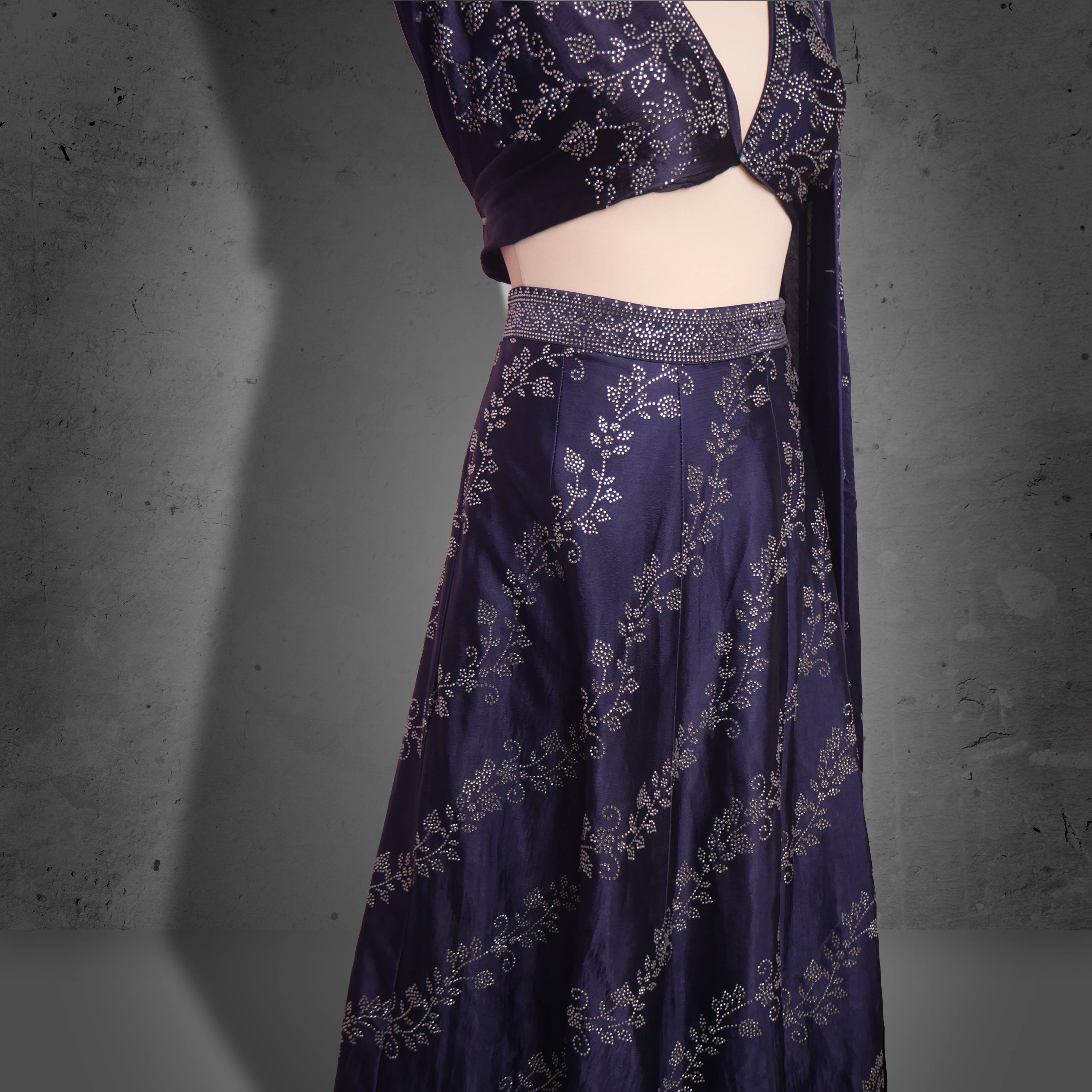 Unstitched navy blue lehenga with tonal sequin embroidery and matching dupatta — ideal for festive and partywear occasions.