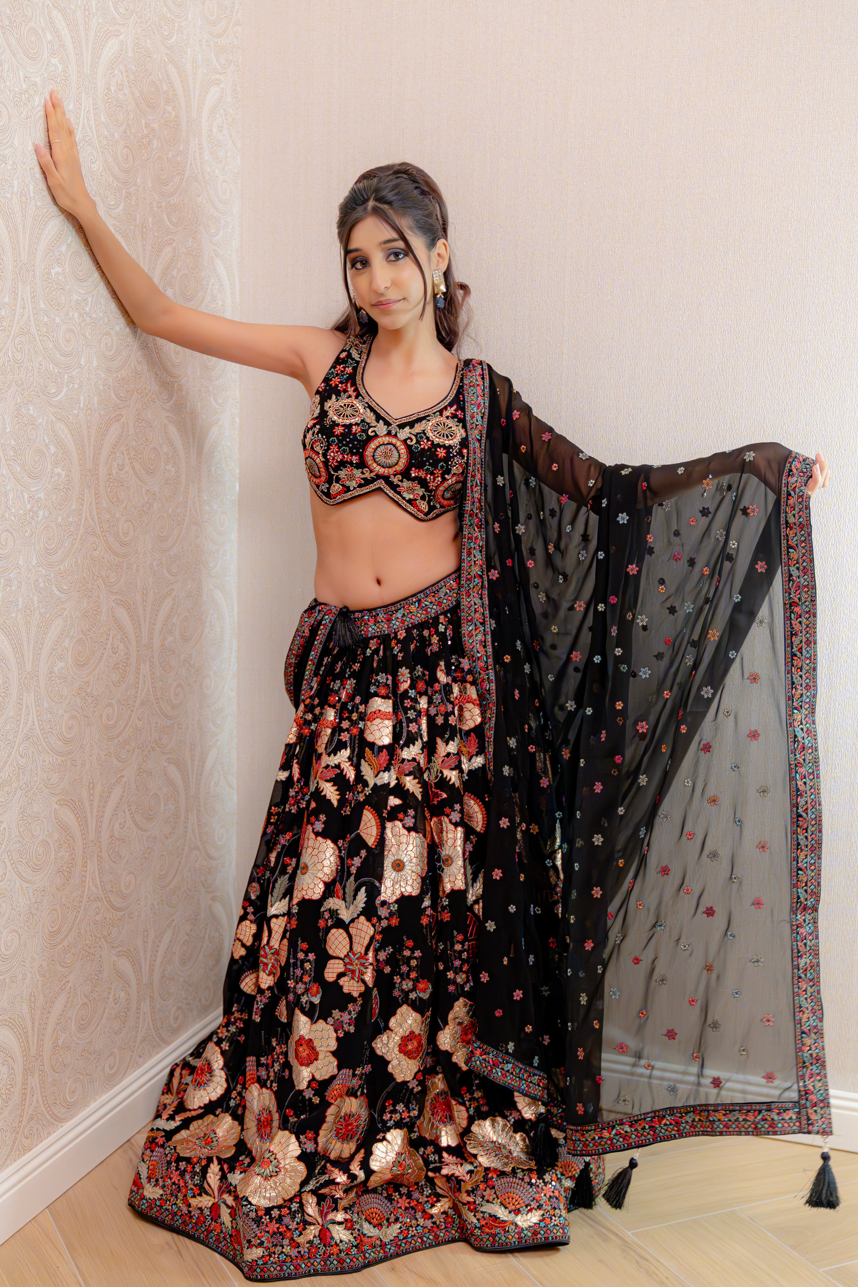 Black Floral Embroidered Lehenga Set with Sheer Dupatta